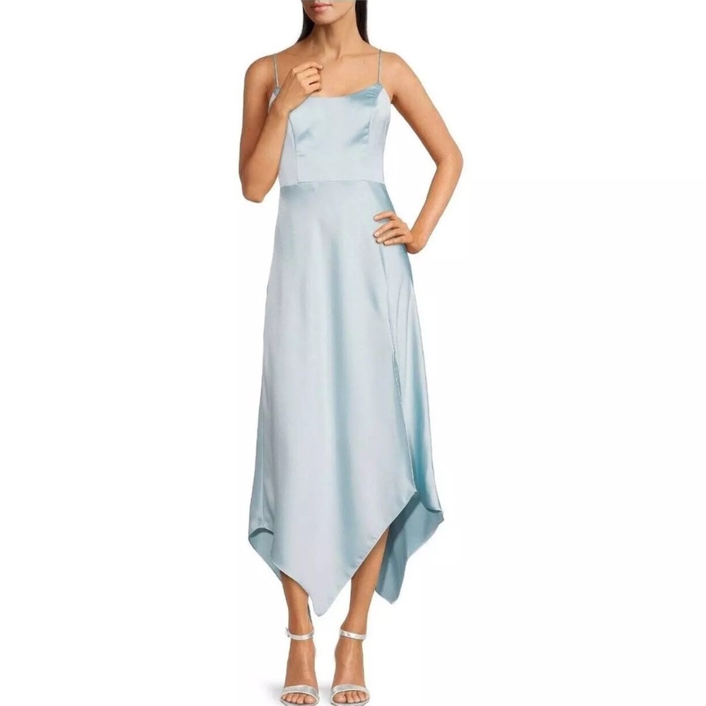 XSCAPE Handkerchief Hem Satin Spaghetti Strap Dress Gown Ice Blue Size 2 - Picture 4 of 12